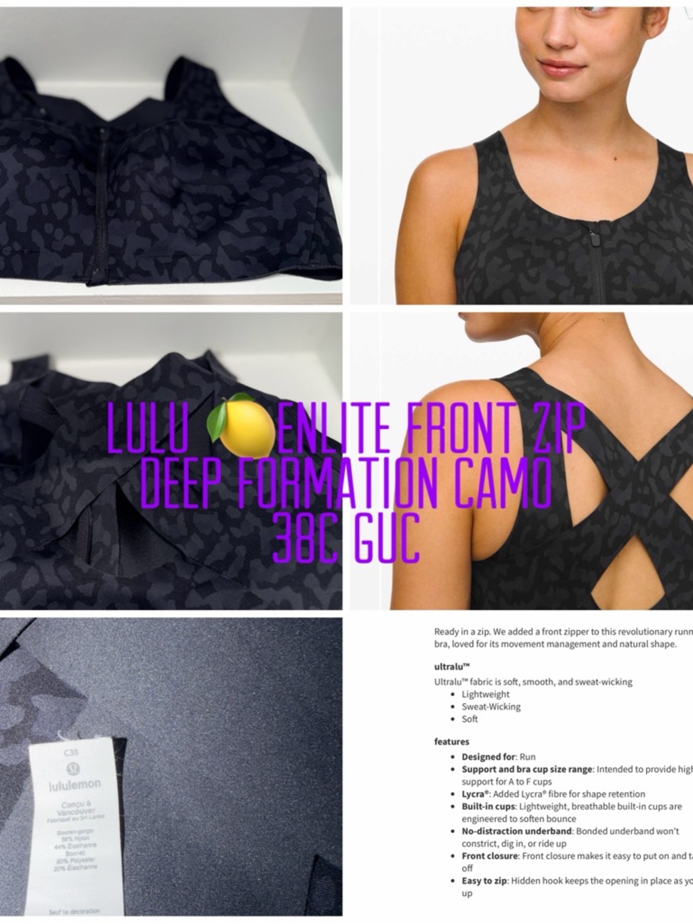 lululemon athletica Enlite Front-Zip Sports Bra - Deep Formation Camo Black